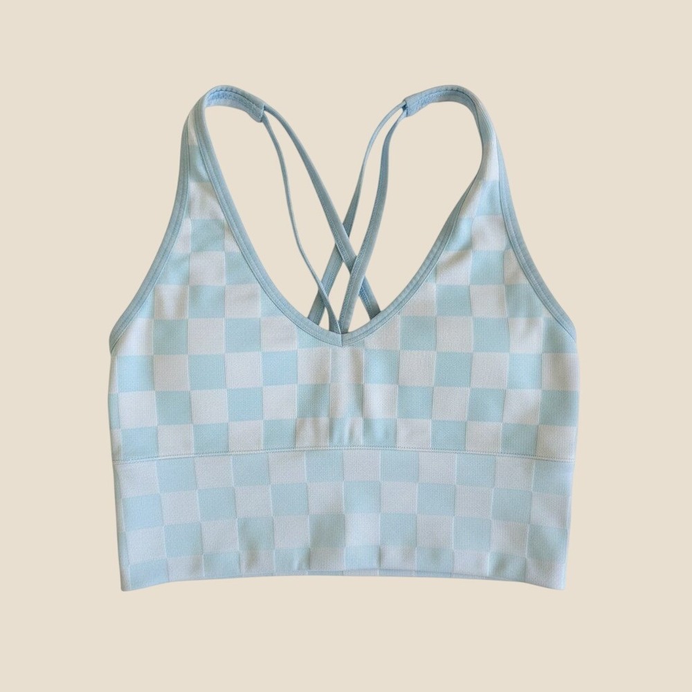 Colsie Blue Checkered Strappy Bralette Seamless Ribbed Crop Top Small